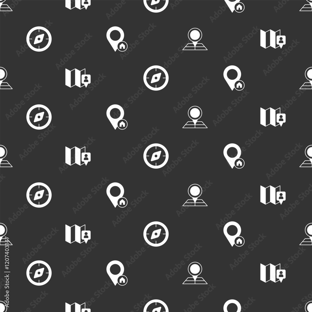 Poster set folded map with location marker, compass and location house on seamless pattern. vector