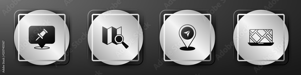 Poster set push pin, search location, map and city map navigation icon. silver square button. vector