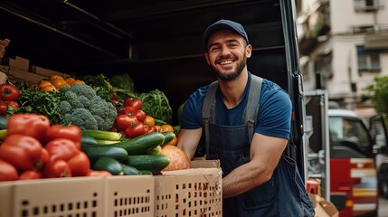 Fresh Vegetables Delivery: Smiling Driver Unloading Groceries from Delivery Van in Urban Setting
