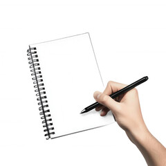 A hand holding a pen above a blank notebook, ready for notes or sketches., isolated on a transparent background.