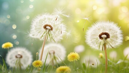 Obraz premium Gentle Spring Background for World or National Dandelion Day: Calm and Bright Floral Design with Soft Green and Yellow Tones