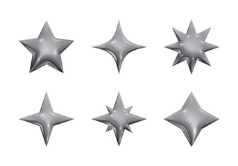 A set of 3D stereoscopic stars and starburst shapes illustrations in shiny silver color with metal and chrome texture.