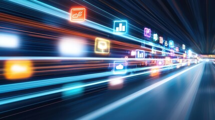 A dynamic image depicting colorful icons representing data and technology, set against a blurred background of light trails.
