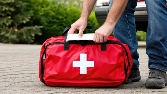 Individual organizes a first aid kit near a parked vehicle, ensuring readiness for emergencies in a neighborhood setting