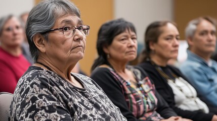 Fototapeta premium Indigenous Individuals in Focus During Community Meeting with Emotional Expressions