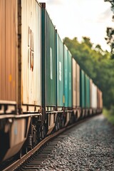 Freight Train Carrying Containers Along a Scenic Track Showcasing Efficient Transportation