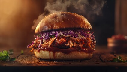 Juicy pulled pork sandwich with coleslaw, dripping barbecue sauce, soft brioche bun, smoky background.