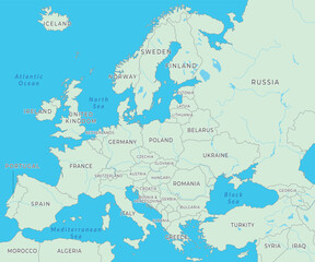 Obraz premium Europe map displaying countries, boundaries, and key landmarks across the continent