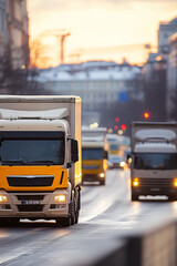 Fototapeta premium Fleet of logistics trucks driving through a city street during sunset in winter season