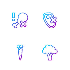 Set line Broccoli, Carrot, No chicken leg and meat. Gradient color icons. Vector