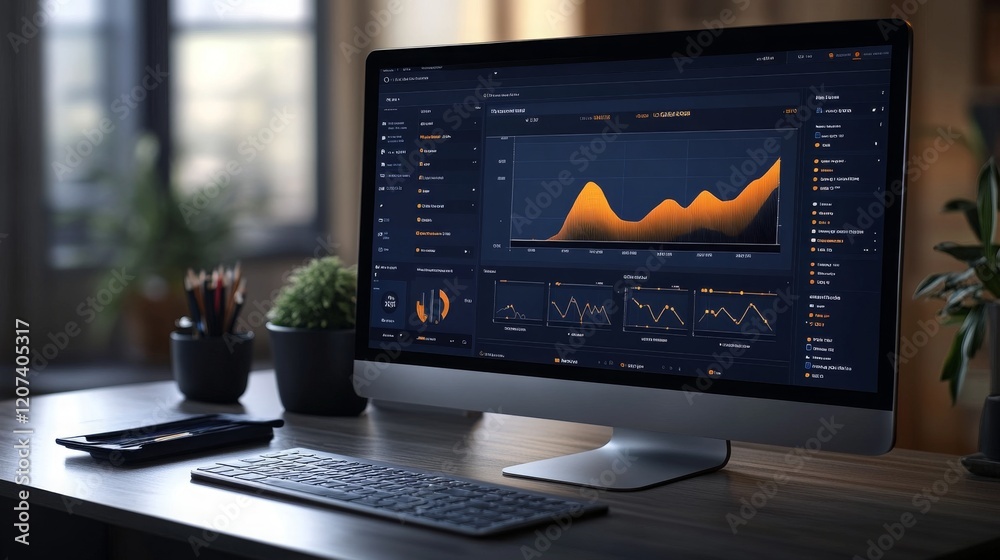 Poster a digital platform displaying employee goal tracking metrics in a modern workspace setting