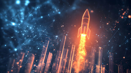 Orange Rocket Launching into Cosmic Space with Digital Background
