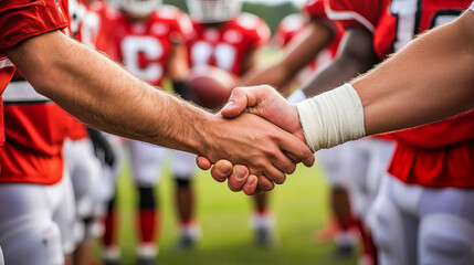 Football Players Shaking Hands Before Game Kickoff in Team Spirit and Sportsmanship Scene