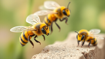 Close up flying bees. Generative AI
