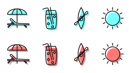 Set line Kayak or canoe and paddle, Sunbed and umbrella, Cocktail and alcohol drink and Sun icon. Vector