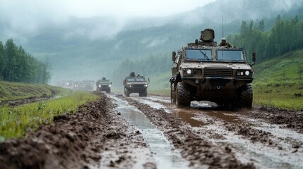 Fototapeta premium Military vehicles traverse through a muddy road in a rugged landscape, highlighting the perseverance and resilience of armed forces in challenging environments.