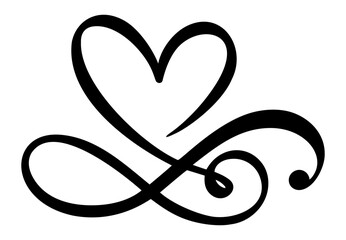 Hand drawn calligraphic love heart sign vector, 
black and white heart clipart, decorative doodle 
heart continuous one line drawing on white 
for t-shirt, card, invitation design
