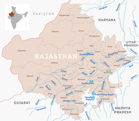 Obraz premium District map of Rajasthan, India, showcasing district boundaries along with the river network across the state