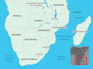Obraz premium Southern Africa map highlighting countries, borders, and name