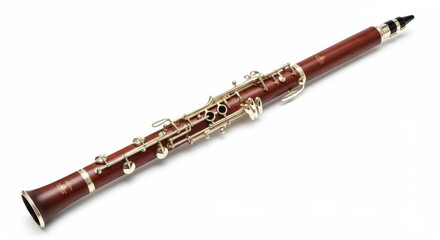 Naklejka premium Elegant wooden clarinet with silver keys on white background