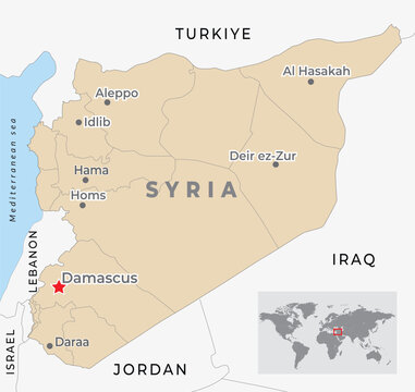 Syria Political Map with capital Damascus, national borders, most important cities