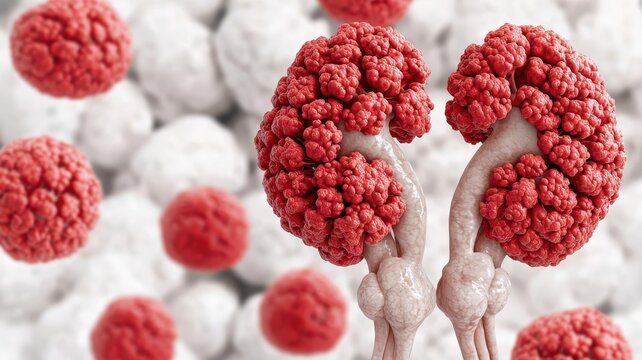 Medical infographic of kidney cancer treatment steps, showing a tumor shrinking in stages