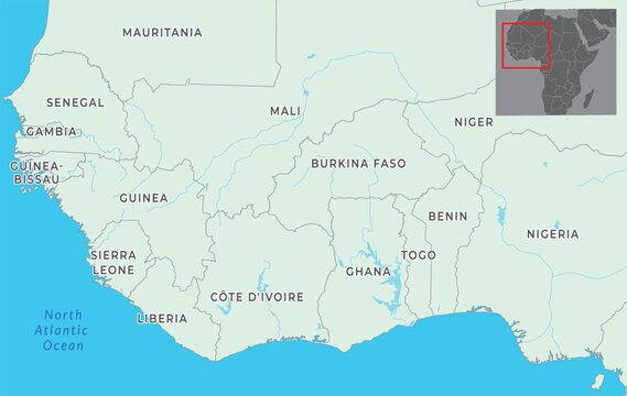 Western Africa map highlighting countries such as Nigeria, Ghana, Senegal, and others, along with borders and geographical features