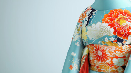 Naklejka premium Close-up of a beautiful kimono with light blue floral pattern on white background