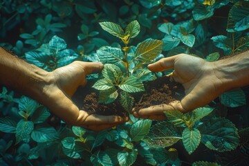 Hands Gently Planting a Seedling in Rich Soil