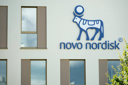 Novo Nordisk sign on building, Danish pharmaceutical healthcare giant, production innovative drugs, obesity treatment Ozempic, pharmaceutical company innovation, Mainz, Germany &ndash; June 15, 2024