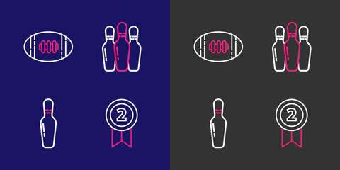 Set line Medal, Bowling pin, and American Football ball icon. Vector