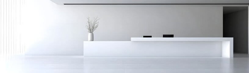 Fototapeta premium A minimalistic reception area featuring a sleek white desk and decorative vase.