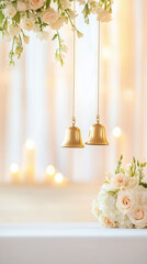 Elegant wedding bells suspended above floral arrangement, creating romantic atmosphere