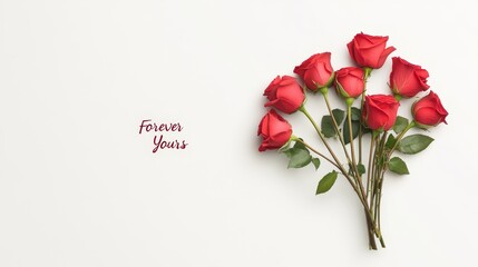 Fototapeta premium Elegant bouquet of red roses on a soft white background with a handwritten message saying 