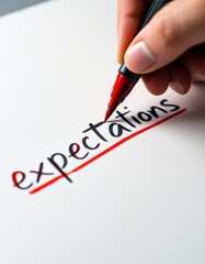 A hand with a red marker crosses out the word expectations written on white paper