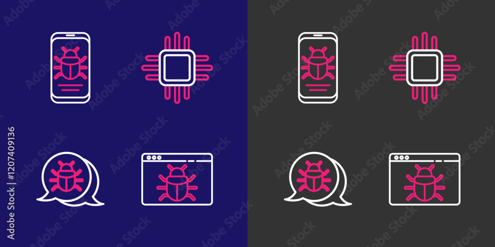 Poster Set line System bug, Processor with microcircuits CPU and on mobile icon. Vector