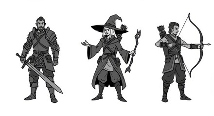 Fototapeta premium Medieval characters: warrior, wizard, and archer in monochrome fantasy art