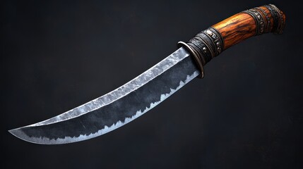 Ornate curved knife, wooden handle, dark background.