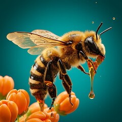 Honeybee Gathering Nectar Golden Honey Sweet Flower Closeup Macro Detailed 3D Render art legs high  