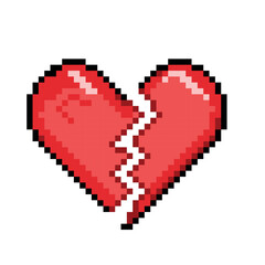 Fototapeta premium Love, Passion, and trust symbol, Broken Pixel Heart in 8-bit game-style vector illustration. Design Element for Valentine s day, isolated on white background.