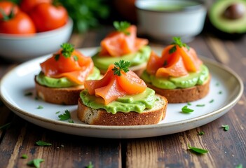 Avocado & Salmon Bruschetta: Text Space, Platter View, Appetizer Set, High Quality, Simple, Modern Design, Rustic Charm, Food Still Life.

