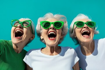 Three women wearing green sunglasses and smiling. Scene is happy and cheerful. The idea behind the image is to capture the joy and happiness of the elderly women
