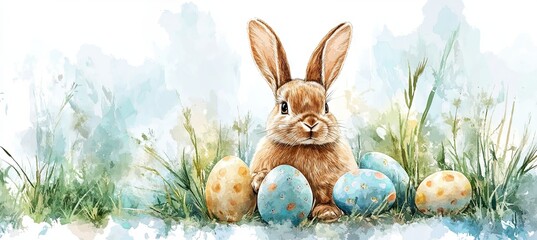 banner of watercolour illustration of bunny and easter eggs 