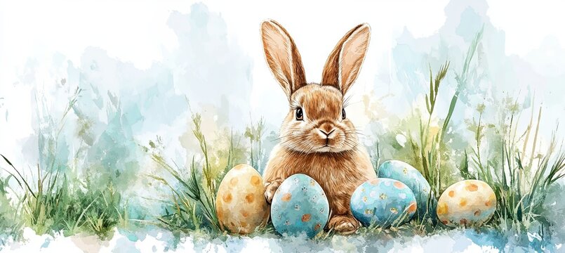 banner of watercolour illustration of bunny and easter eggs 