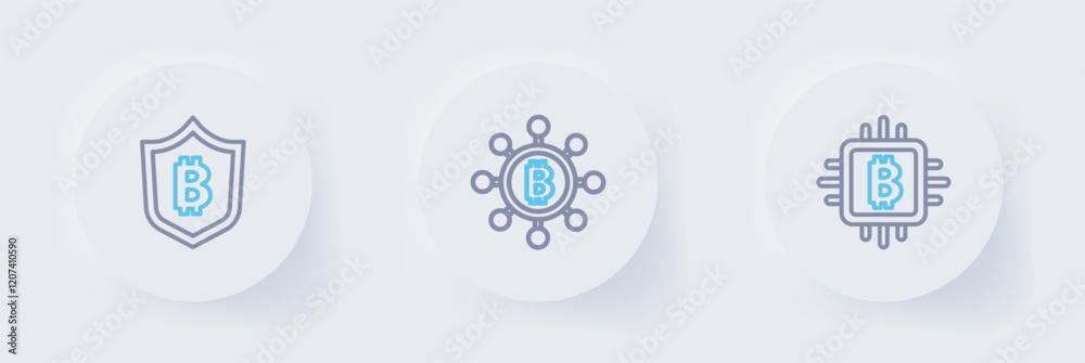 Poster set line cpu mining farm, blockchain technology bitcoin and shield with bitcoin icon. vector