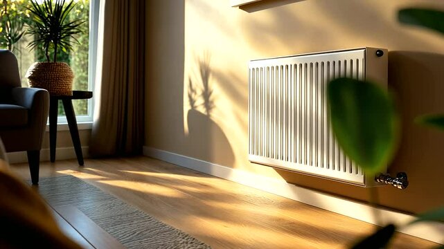 A sleek modern radiator seamlessly integrated into a living room with a warm neutral color palette, casting a soft glow that enhances the cozy atmosphere.
