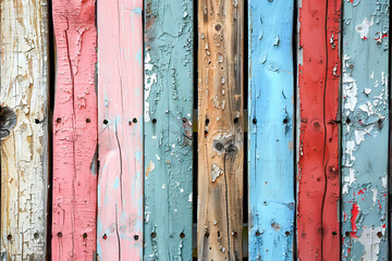 Colorful wooden planks showing peeling paint and creating nostalgic background