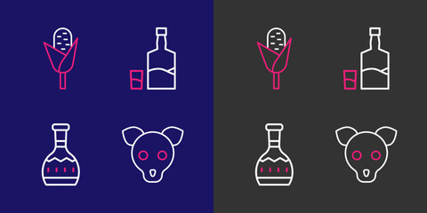 Set line Dog, Tequila bottle, and glass and Corn icon. Vector