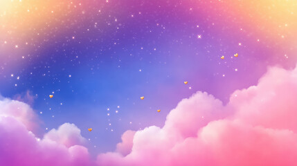 Dreamy pastel clouds with stars and hearts in colorful sky