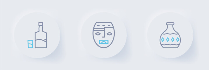 Set line Tequila bottle, Aztec mask and and glass icon. Vector